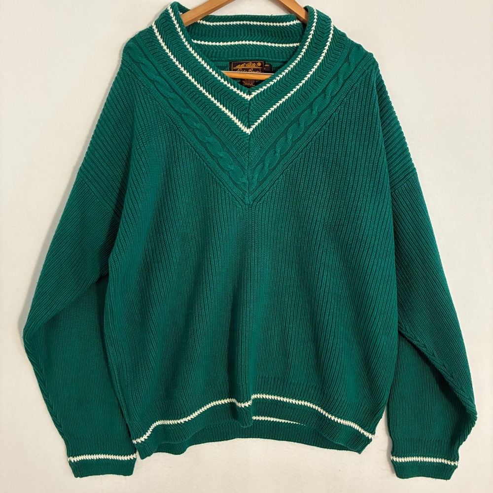 Vtg Y2K Eddie Bauer V Neck Pullover Men's L Cable Knit Ringer Tennis Sweater